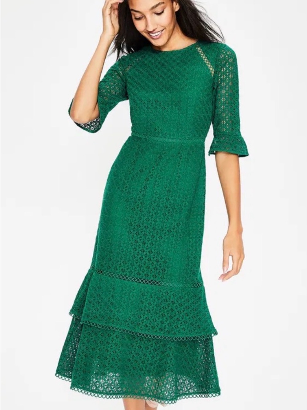 Boden Emerald Lace Tiered Midi Dress